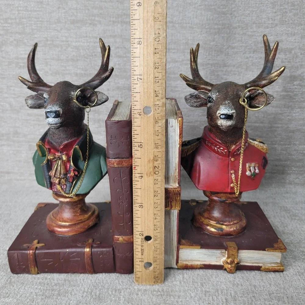 Noble Bookend Set of 2 Stag Deer Busts in Uniform with Monocle Glass Whimsy